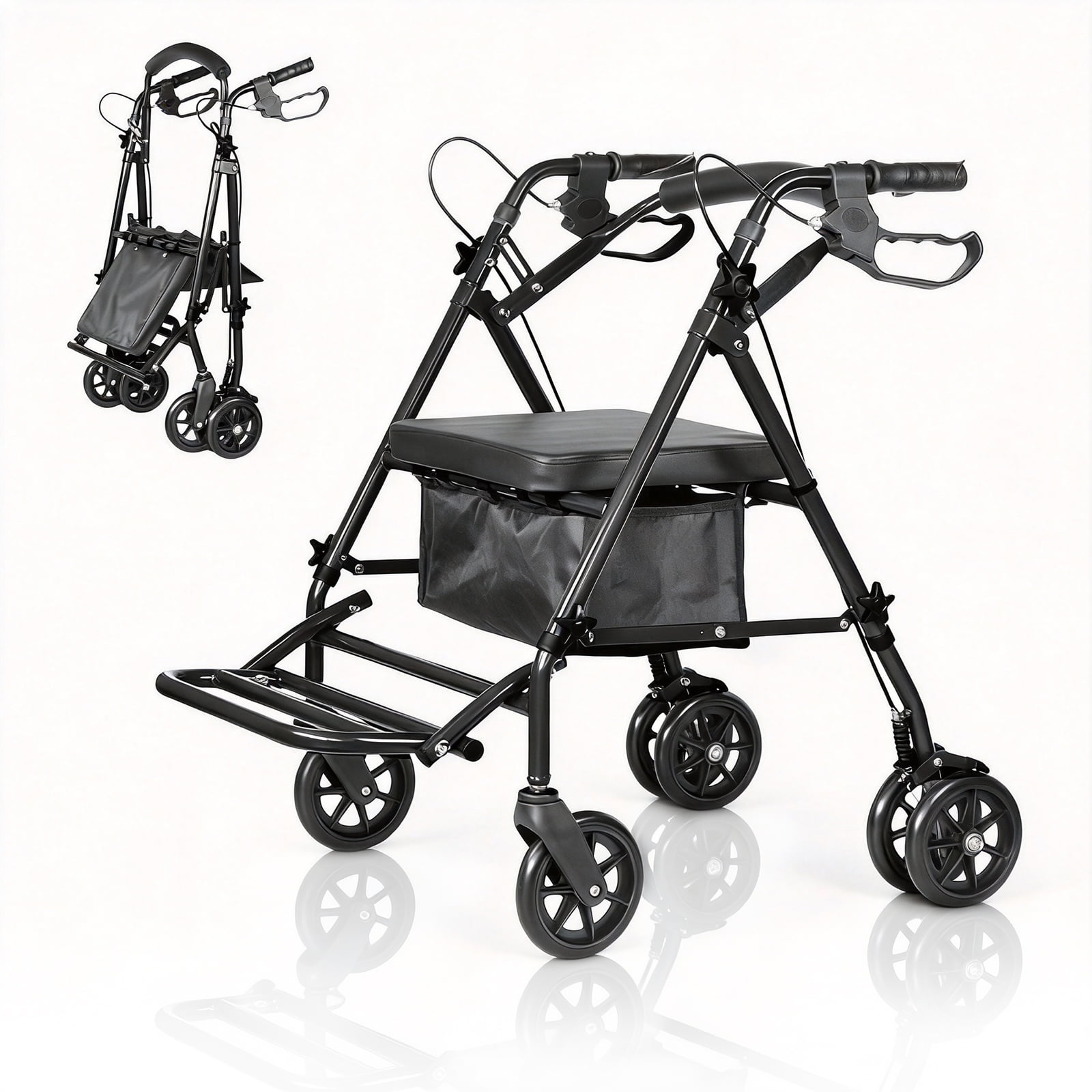 Lightweight Folding Rollator Walker with Foot Pedal & Underseat Storage, Adjustable Height Mobility Aid with Padded Seat & 6" Wheels, 299lb Capacity for Seniors Adults
