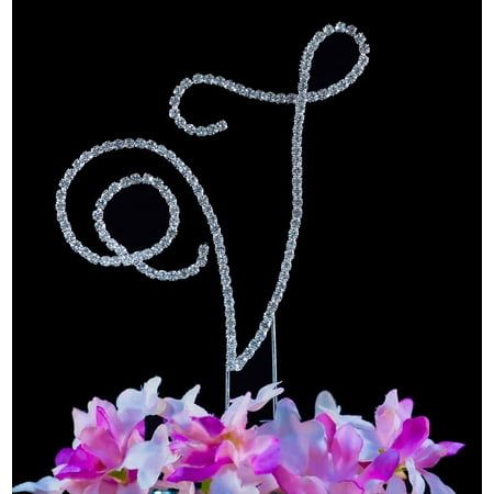Crystal Monogram - Yacanna Swirl Design Crystal Monogram Cake Toppers Silver Cake Initial V Large