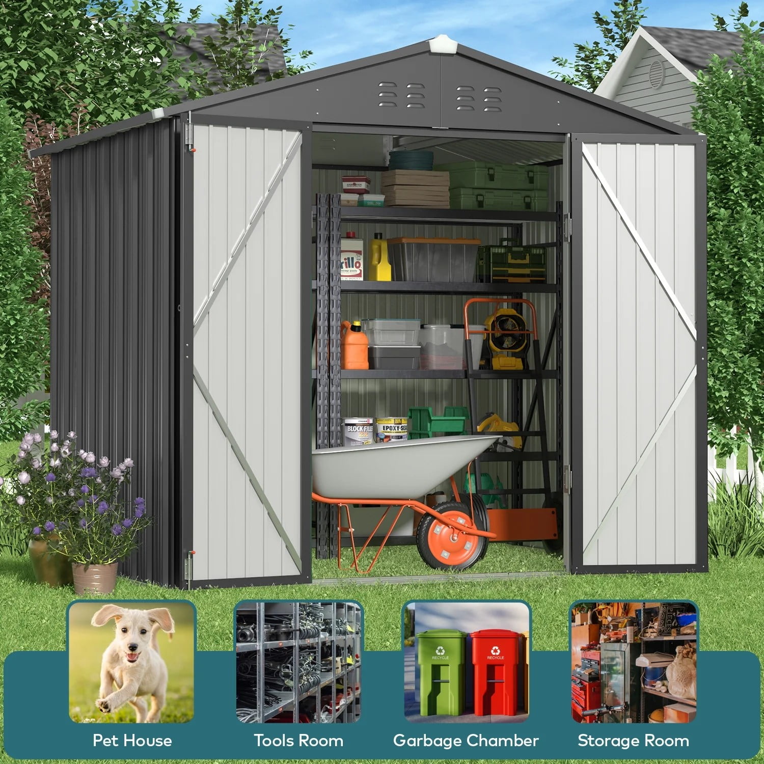 Jolifa 8x6 ft Outdoor Storage Shed, Heavy Duty Galvanized Steel Tool Shed with Lockable Double Doors, Waterproof Metal Garden Shed for Backyard, All Weather Shed for Lawn Equipment & Bike Storage