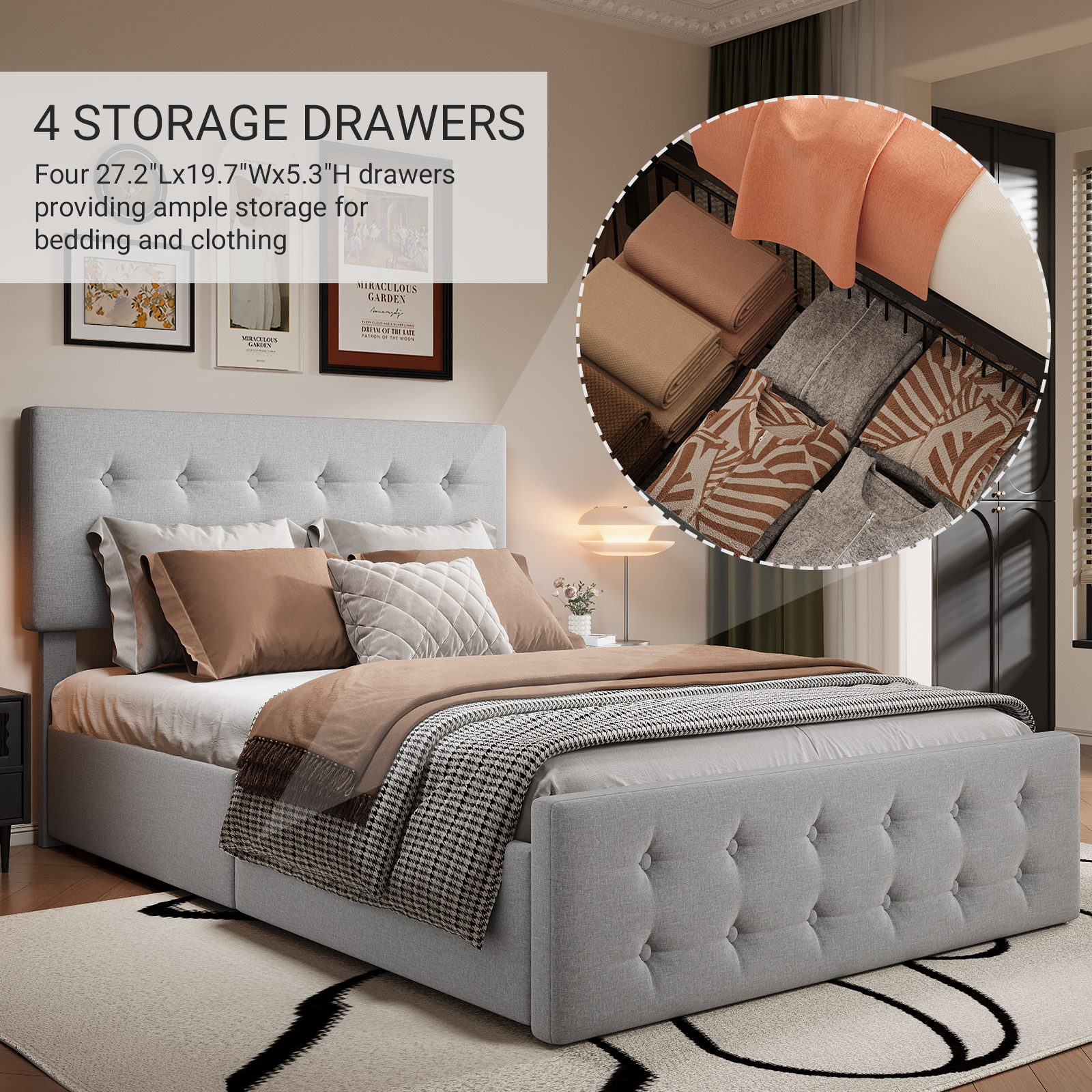 Full/Queen/King Size Upholstered Platform Bed Frame - Adjustable Headboard & 4 Storage Drawers, Button Tufted Design, No Box Spring Needed