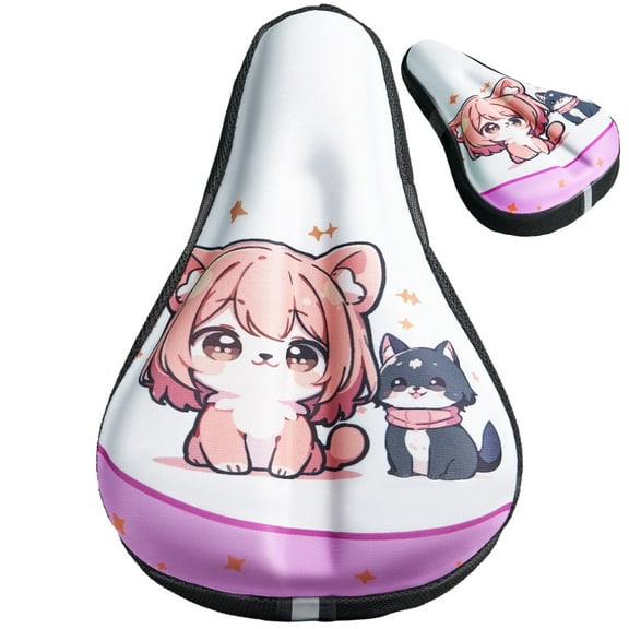 Kids Bike Seat Cushion for Boys Girls, Gel Padded Bike Seat Cover, Breathable & Extra Soft Gel Memory Foam Child Bicycle Saddle 9"x6", Cute Dog & Cat Design