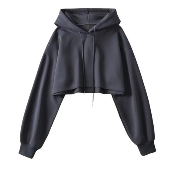 WCMZJ Zip Up Hoodie Women Cropped Casual Sweatshirts Workout Long Sleeve Drawstring Hooded Jacket Crop Tops Dark Gray L