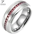 thumbnail image 3 of Tioneer Tungsten Carbide Silver Wedding Band w/ Blue or Red Cubic Zirconia Eternity Style w/ Step Edges 8mm Ring, 3 of 5