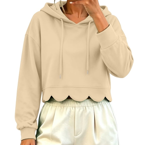 Cropped Hoodie Women Casual Elegant Cute Scalloped Hem Crop Sweatshirts Long Sleeve Drawstring Pullover 2026 Fall Soft Lightweight Hooded Tops Daily Travel Outfits, Beige L