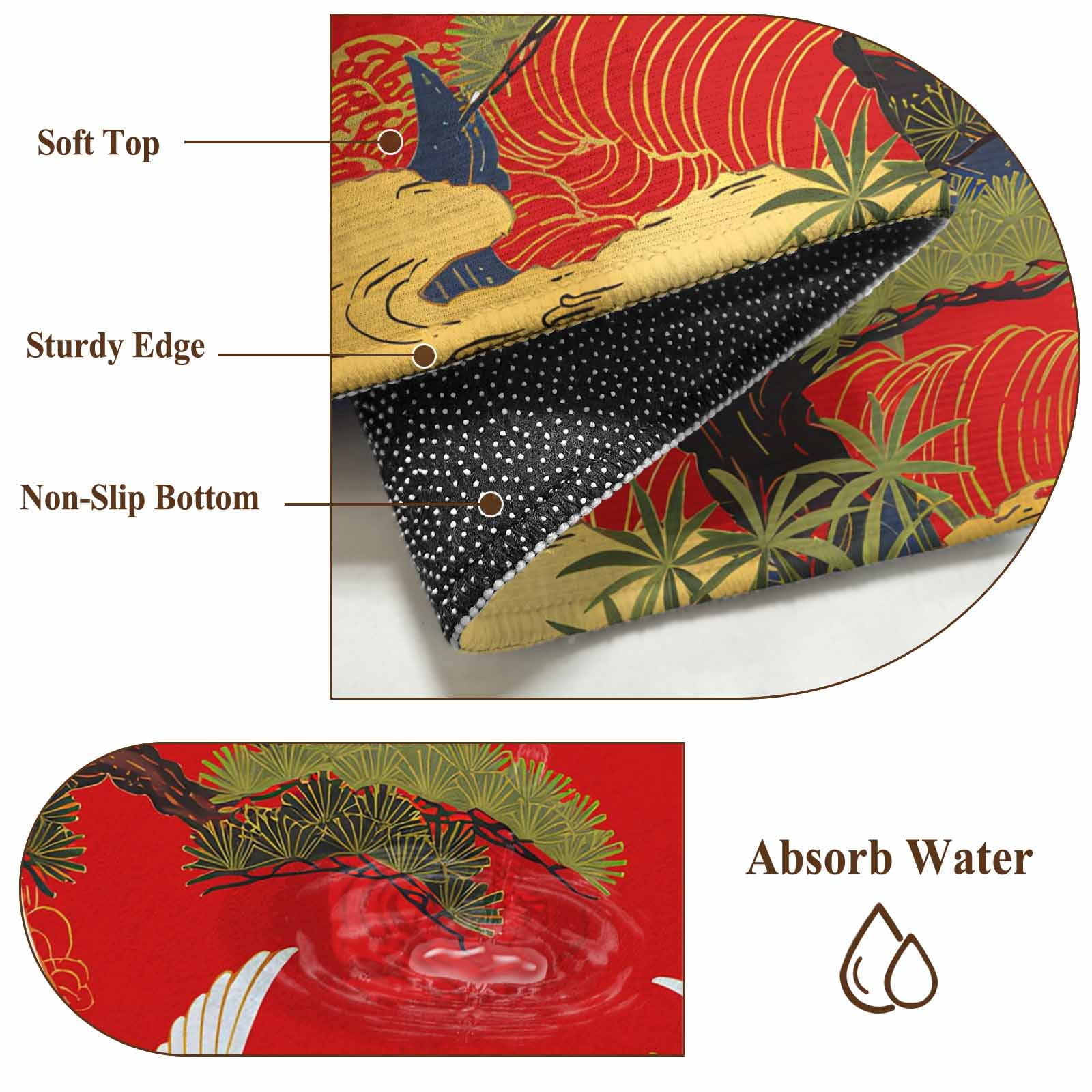 Area Rug 2x3ft, Retro Crane Pine Flower on Red Washable Rugs for Living Room Bedroom, Asian Chinese Pastoral Scenic Soft Non-slip Area Rugs Rectangle Floor Carpet for Dining Room