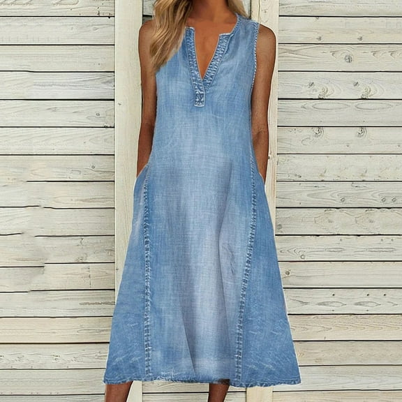 Women's Casual Denim Dress V Neck Sleeveless Jeans Button Down Midi Dress