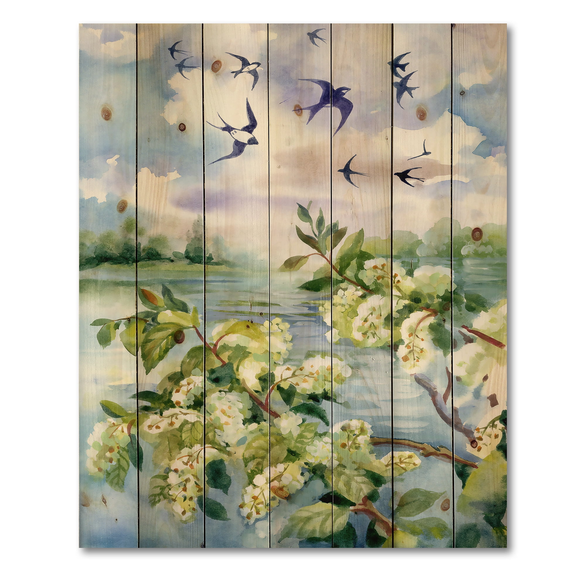 Designart 'Flowers of The Cherry Blossoms On A Spring Day Landscape' Traditional Print on Natural Pine Wood