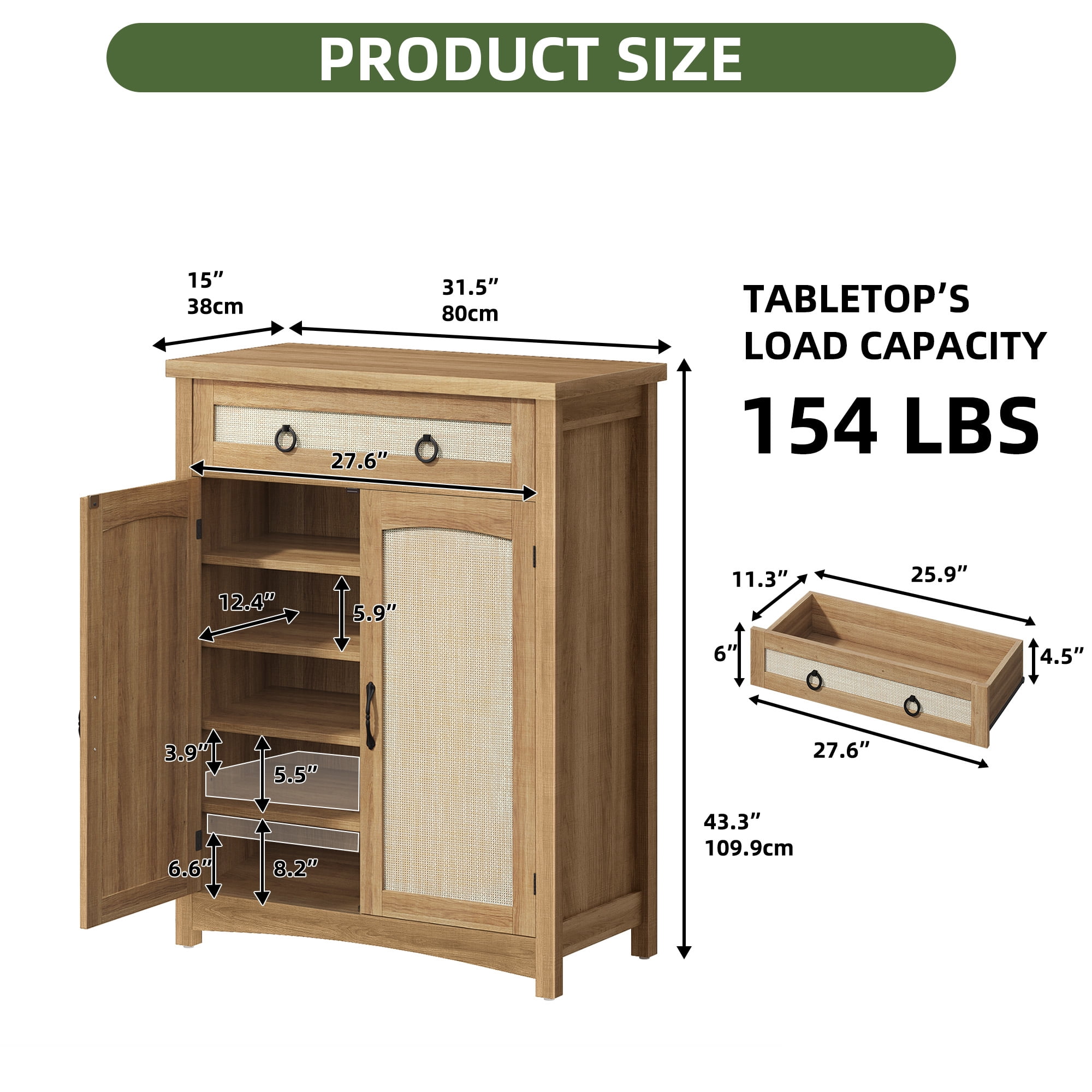 Uforic Shoe Cabinet with Drawers& Door, Rattan Freestanding Shoe Rack Organizer for Entryway, Oak