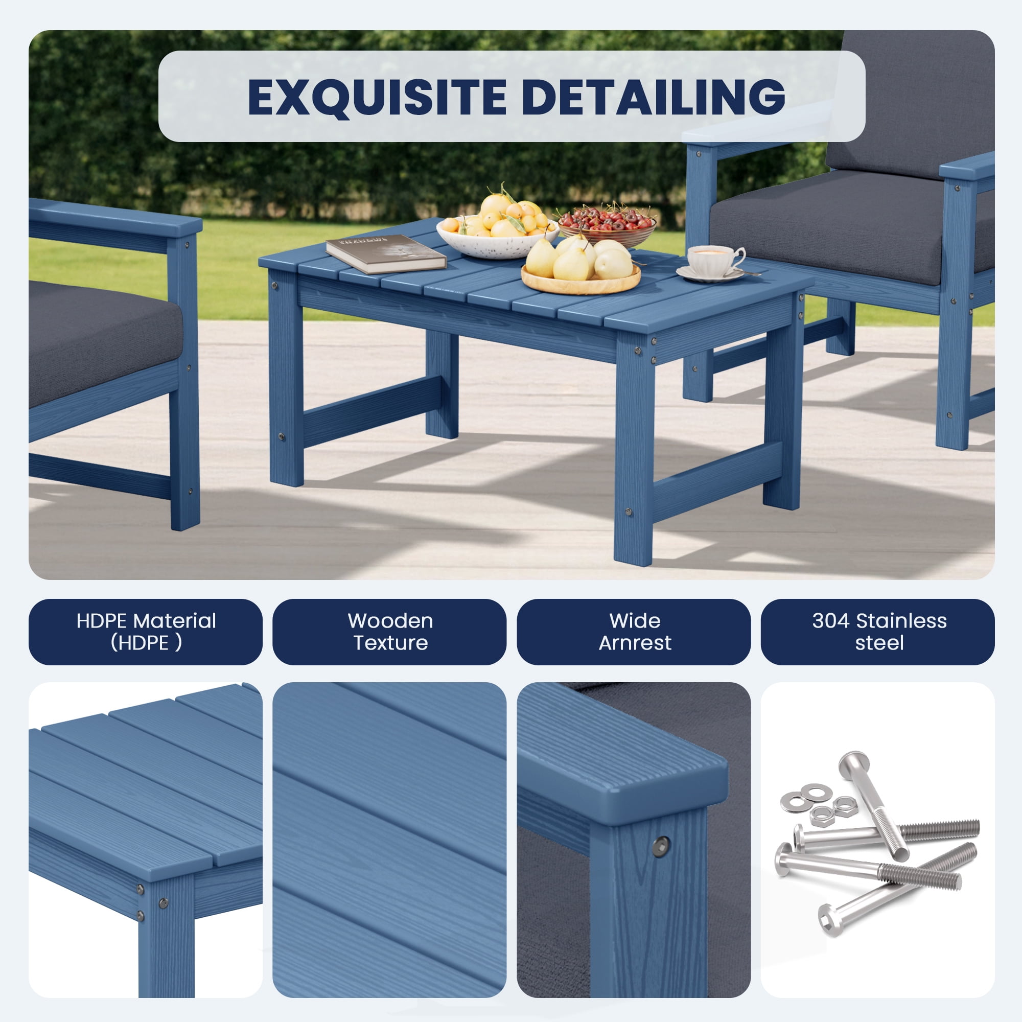 KINGYES 3 Pieces Outdoor Furniture Set, HDPE All Weather Use Conversation Couch Sets,2 Armchairs & 1 Coffee Table for Patio Backyard, Blue Frame with Gray Cushions