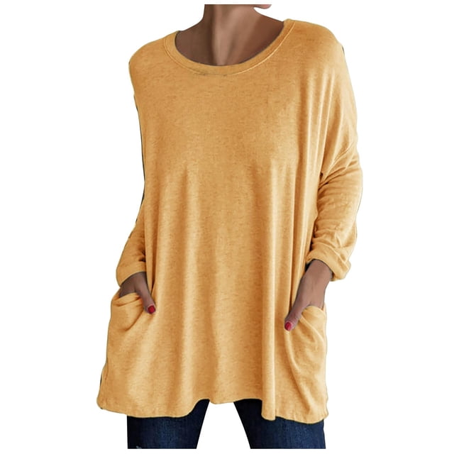 Simua Chandails Décontractés pour Femmes à Manches Longues, Col Rond, avec Poche, T-Shirts, Chemisiers, Tunique, Hauts de Style Chandail en Molleton avec Poche Jaune, XXXXXL