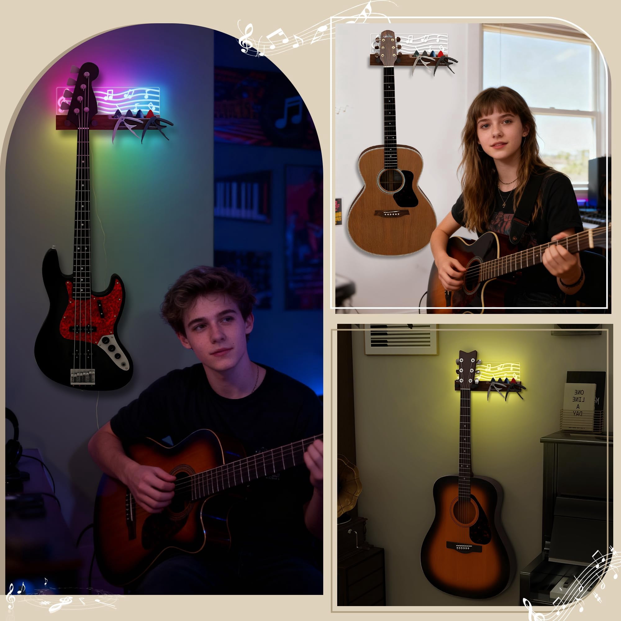 Guitar Accessories  Light Up Wall Mount Musical Notes Design Pick Holder With Capo Storage Usb Powered Premium Wood And Acrylic Gift For Music Lovers Guitarist