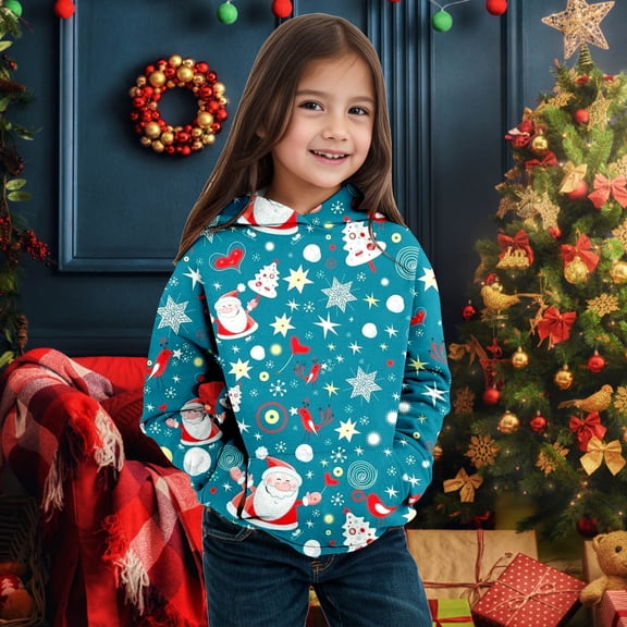 Hpapadks Boys Hoodies Children Christmas Graphic Hoodie Long Sleeve Casual Pullover Girls Sweatshirt Blue 4-5 Years