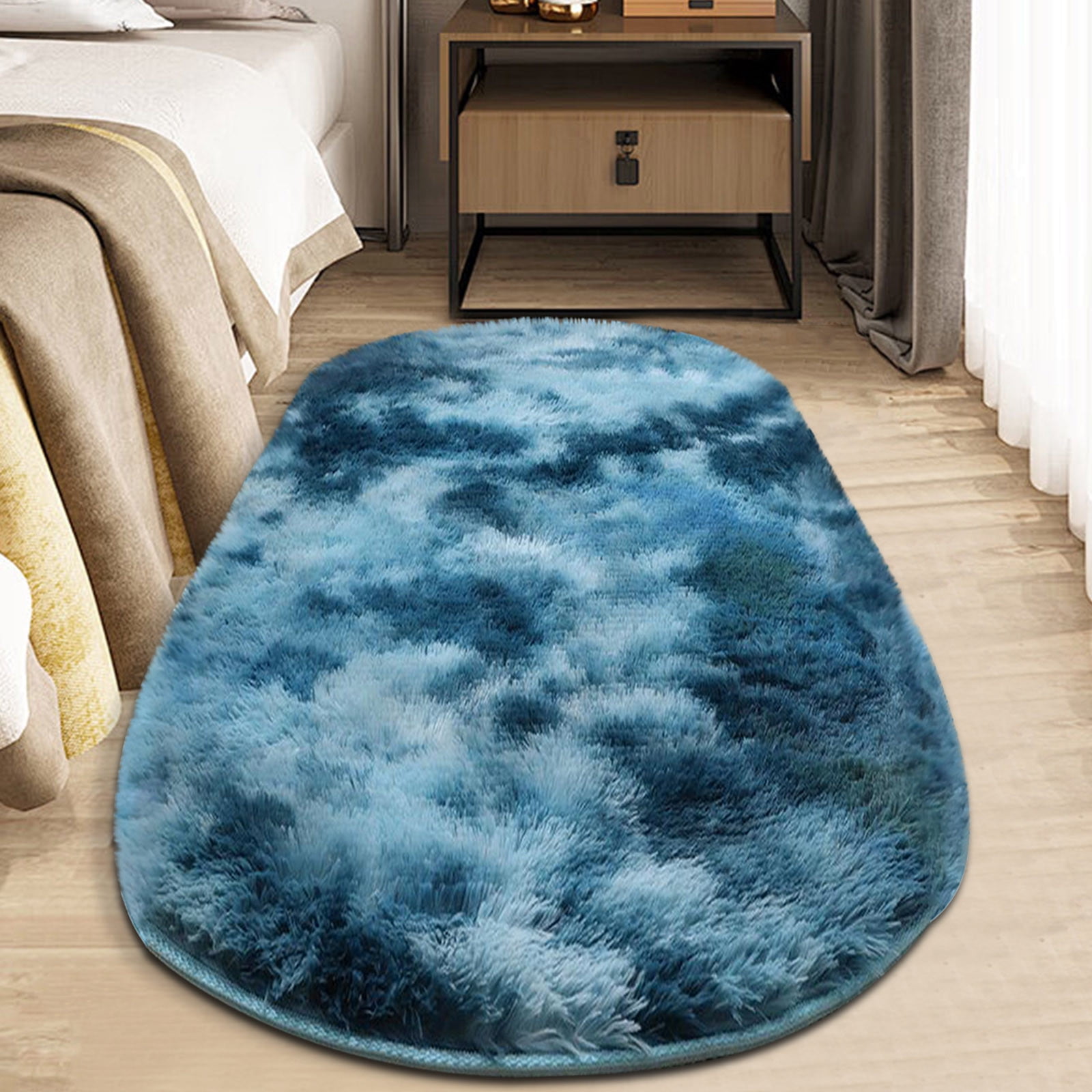 Hmgxay Tie-Dye Washable Silk Rug, 24"x63" Non-Slip Oval Bedroom Carpet, Fade-Resistant Floor Mat for Girls' Room, Living Room & Office Decor(Navy)