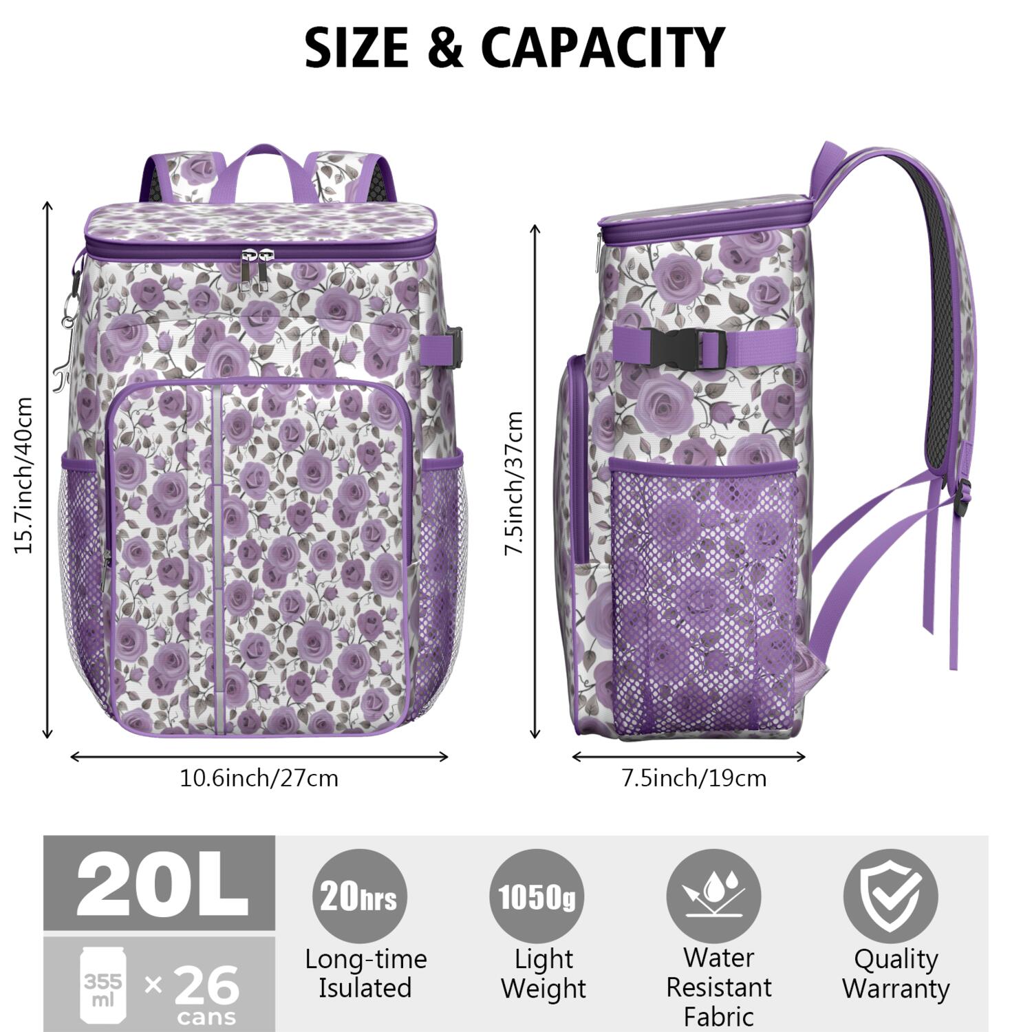 Travel Cooler Bag - Pioneer Flower Floral Print Pattern Camping Beer Cooler Backpack with Bottle Opener- Waterproof Insulated Picnic Backpacks - Cooler Bag for Beach