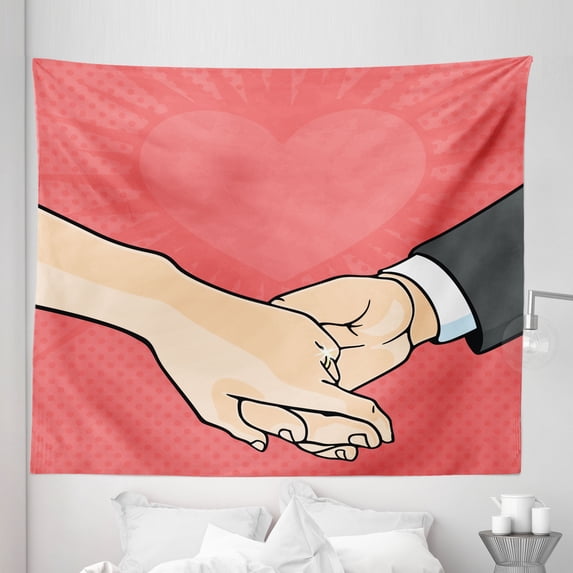 Engagement Tapestry, Classic Halftone Dot Pop Art Engaged Couple Holding Hands, Fabric Wall Hanging Decor for Bedroom Living Room Dorm, 5 Sizes, Dark Coral Beige, by Ambesonne