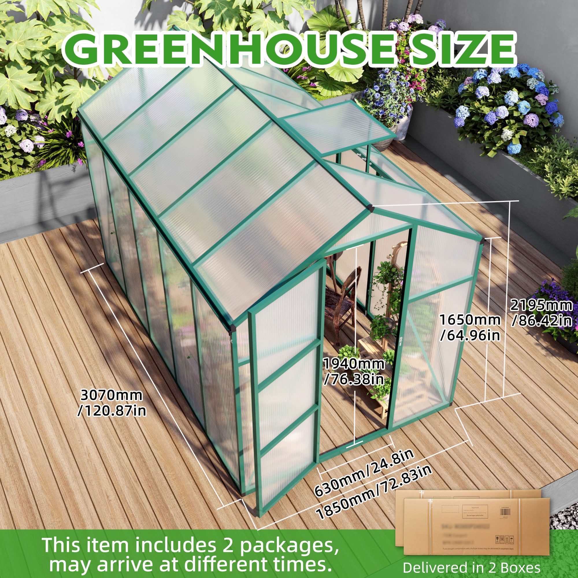 MAYEERTY 6x10 FT Walk-in Greenhouse with Raised Base, Aluminum Frame, All-Season Windproof Outdoor Greenhouse