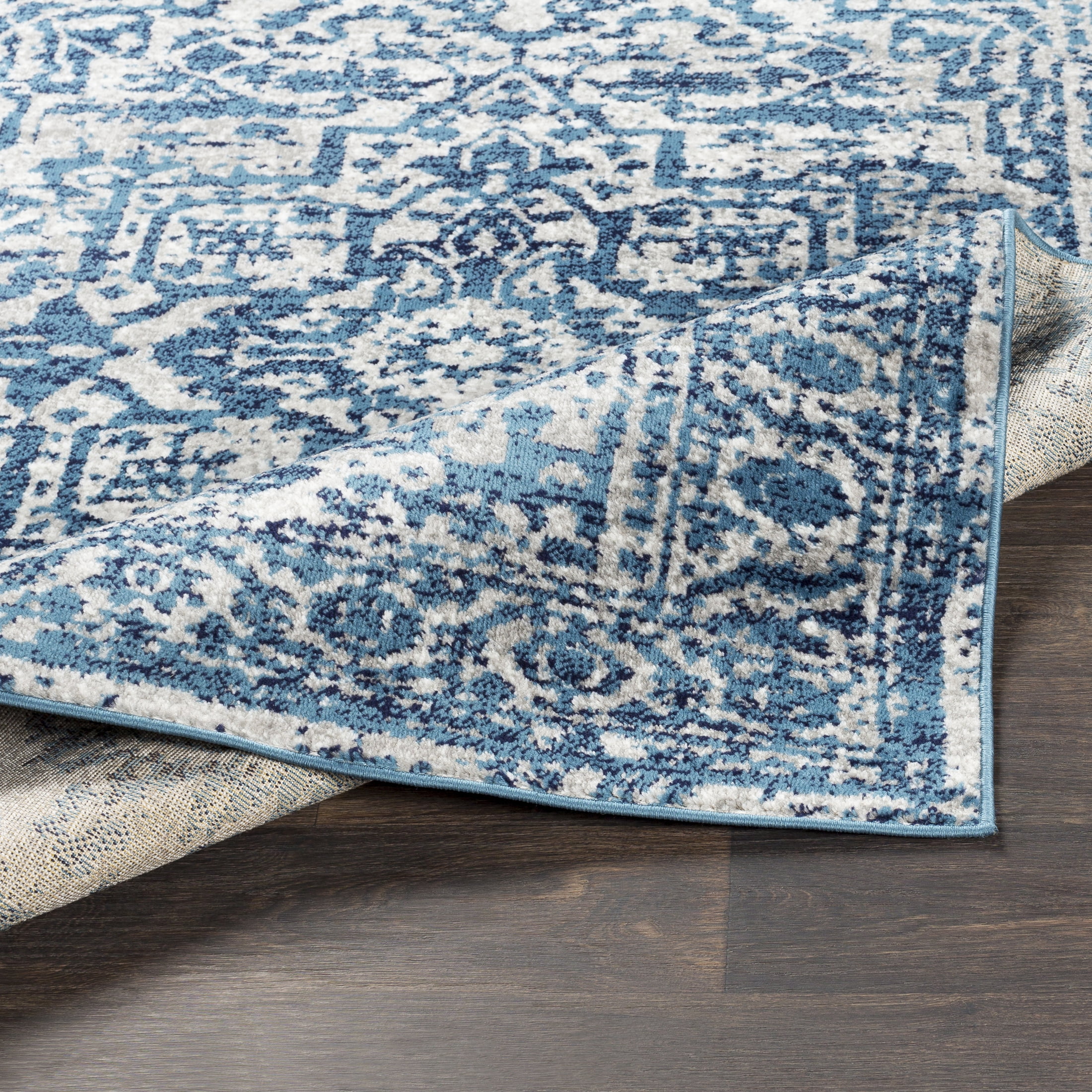 Livabliss Area Rugs for Living Room, 7ft Round Monte Carlo Traditional Blue Square Rug, Bedroom Dining Room Home Decor Stain Resistant Carpet (6'7" x 6'7")