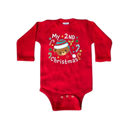 

Inktastic My 2nd Christmas Cute Bear with Candy Canes Gift Baby Boy or Baby Girl Long Sleeve Bodysuit