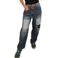 thumbnail image 5 of Women Low Rise Baggy Barrel Horseshoe Jeans Patchwork Denim Pants with Pockets, 5 of 6