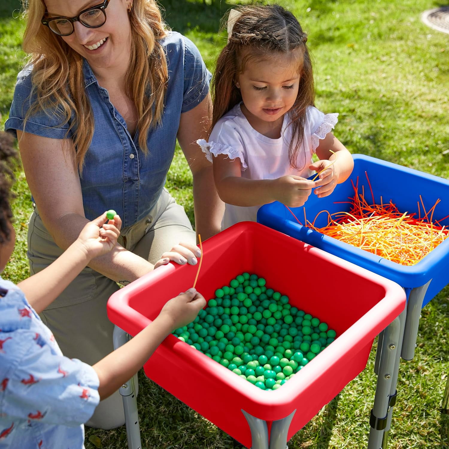 Neatifyes 2-Station Sand and Water Adjustable Play Table, Sensory Bins, Blue/Red