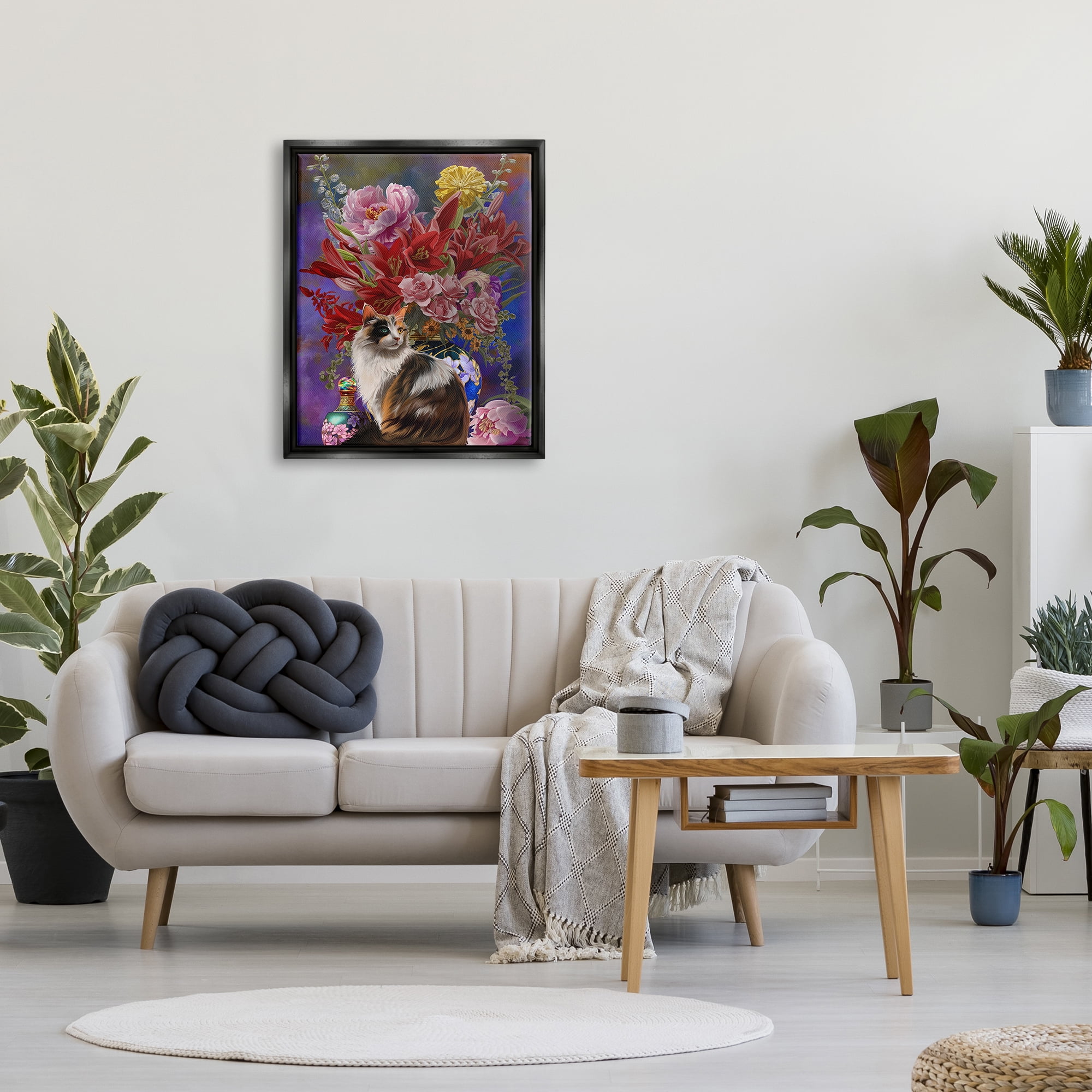 Stupell Industries Cat & Flower Chinoiserie Botanical & Floral Painting Black Floater Framed Canvas Art Print Wall Art, 25 x 31