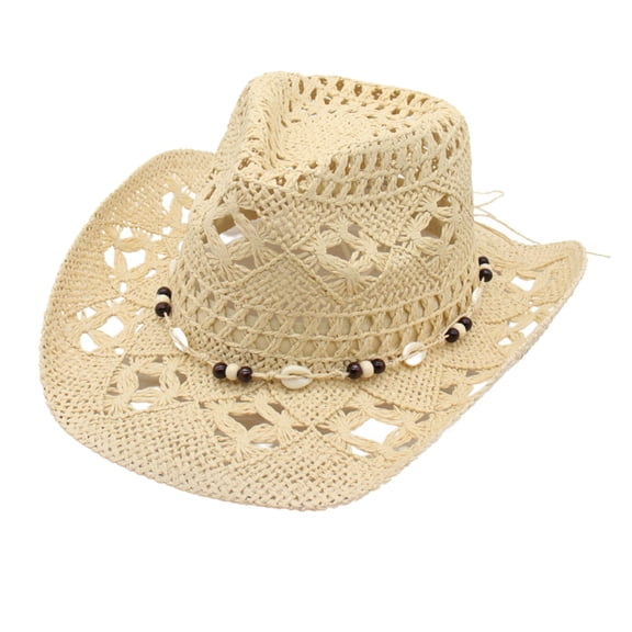 Yuanlong Womens Cowboy Hat Woven Straw Beaded Shell Detail Early Spring Spring Summer Carnival Valentine’s Day Fashion Hat