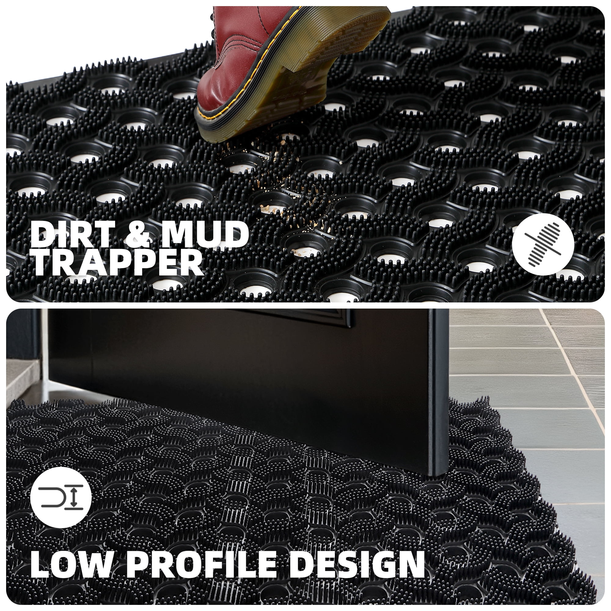 PABUBE Outdoor Doormat ,Durable Interlocking Welcome Mat, Dirt Trapper Rubber Mat and Non-Slip Low Pile Doormat for Entry Rug,Black, 17" x 30"