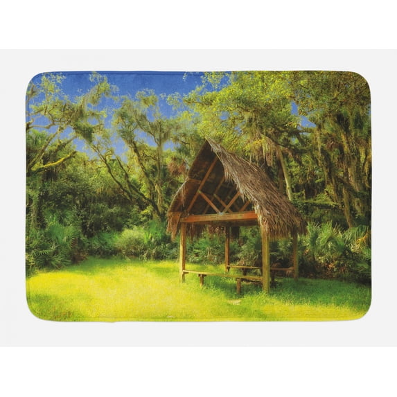 Tiki Bar Bath Mat, Tiki Hut in Dreamy Fantasy Forest Tropical Island Wildlife Greenery Art, Non-Slip Plush Mat Bathroom Kitchen Laundry Room Decor, 29.5 X 17.5 Inches, Green Blue Brown, Ambesonne