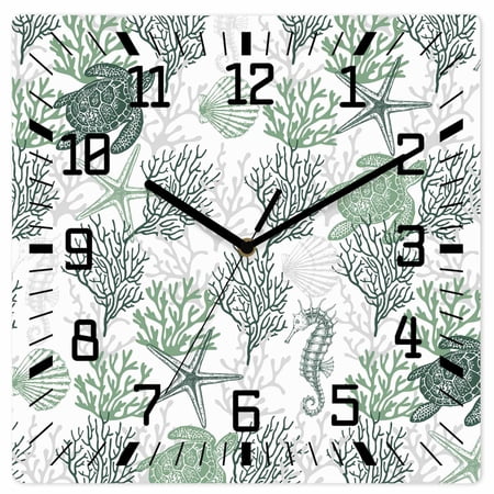 Sage Green Coastal Wooden Wall Clock Silent Non Ticking, Sea Turtle Nautical Coral Summer Beach Square Wall Clocks Battery Operated, Decor Clock for Home Office, Living Room, Kitchen, 12 Inch