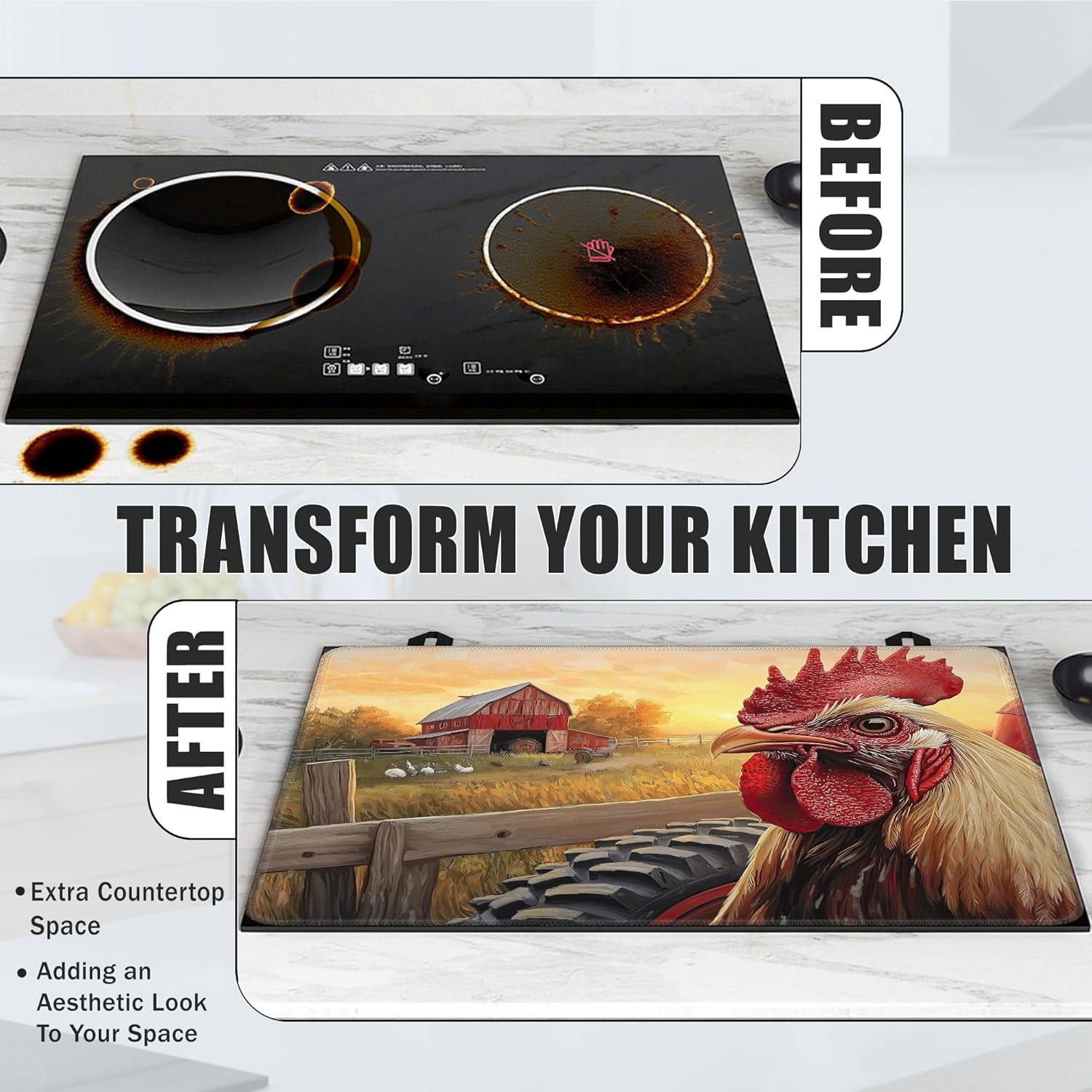 Rustic Rooster Glass Top Stove Cover Protector,Watercolor Farm Stove Top Covers for Electric Stove,Washable Heat Resistant Cooktop Mat Anti-Slip Range Covers, 28 x 20 Inch