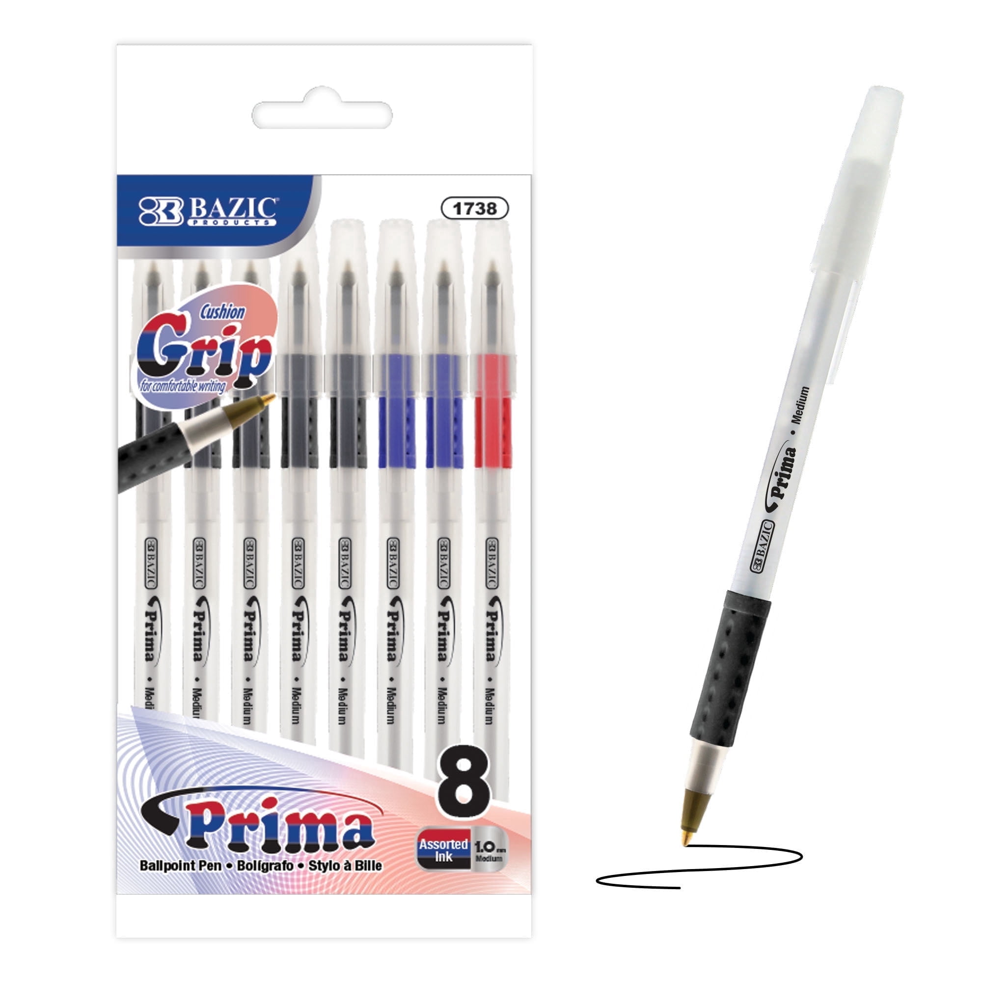 (3 pack) BAZIC Ballpoint Prima Black Blue Red Stick Pens, Soft Grip 1.0 mm, (8/Pack), 1-Pack