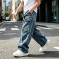 thumbnail image 4 of Agkizg Boys Washed Cargo Jeans Wide Leg Distressed Vintage Pants with Waist Multi-Pockets Streetwear, Sizes 7-8 Years, 4 of 5