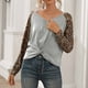 thumbnail image 4 of Top de camiseta informal de manga larga con cuello en V y hombros descubiertos con retazos de leopardo para mujer de otoño e invierno Pompotops FGAJ14233, 4 of 6