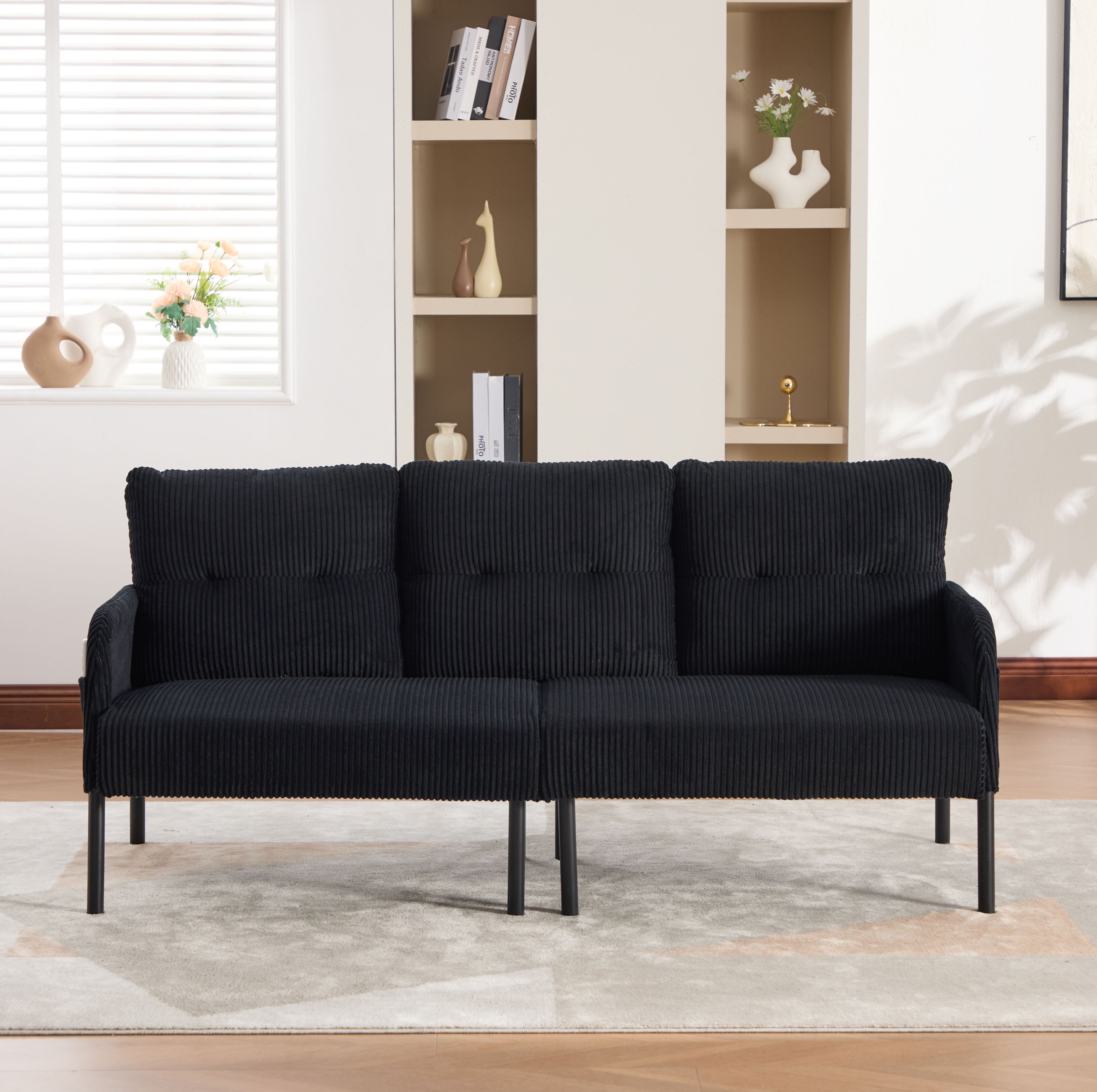 S-HOME Modern Plush Corduroy Upholstered Loveseat with Dual Side Pockets and Metal Legs, Sofa for Apartment, Black
