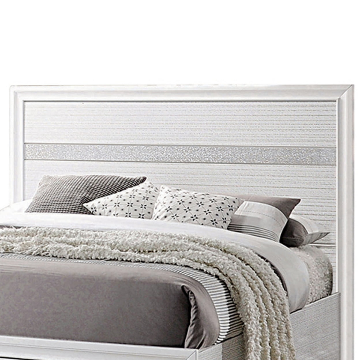 Contemporary Eastern King Bed with Drawers and Glittering Stripes White - Saltoro Sherpi