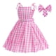 thumbnail image 5 of Vestido de princesa Barbie rosa para niñas, disfraz de película para juego de rol con cinturón, vestido con tirantes a cuadros, atuendo de cumpleaños para Halloween, para vestir de 2 a 10 años, 5 of 5