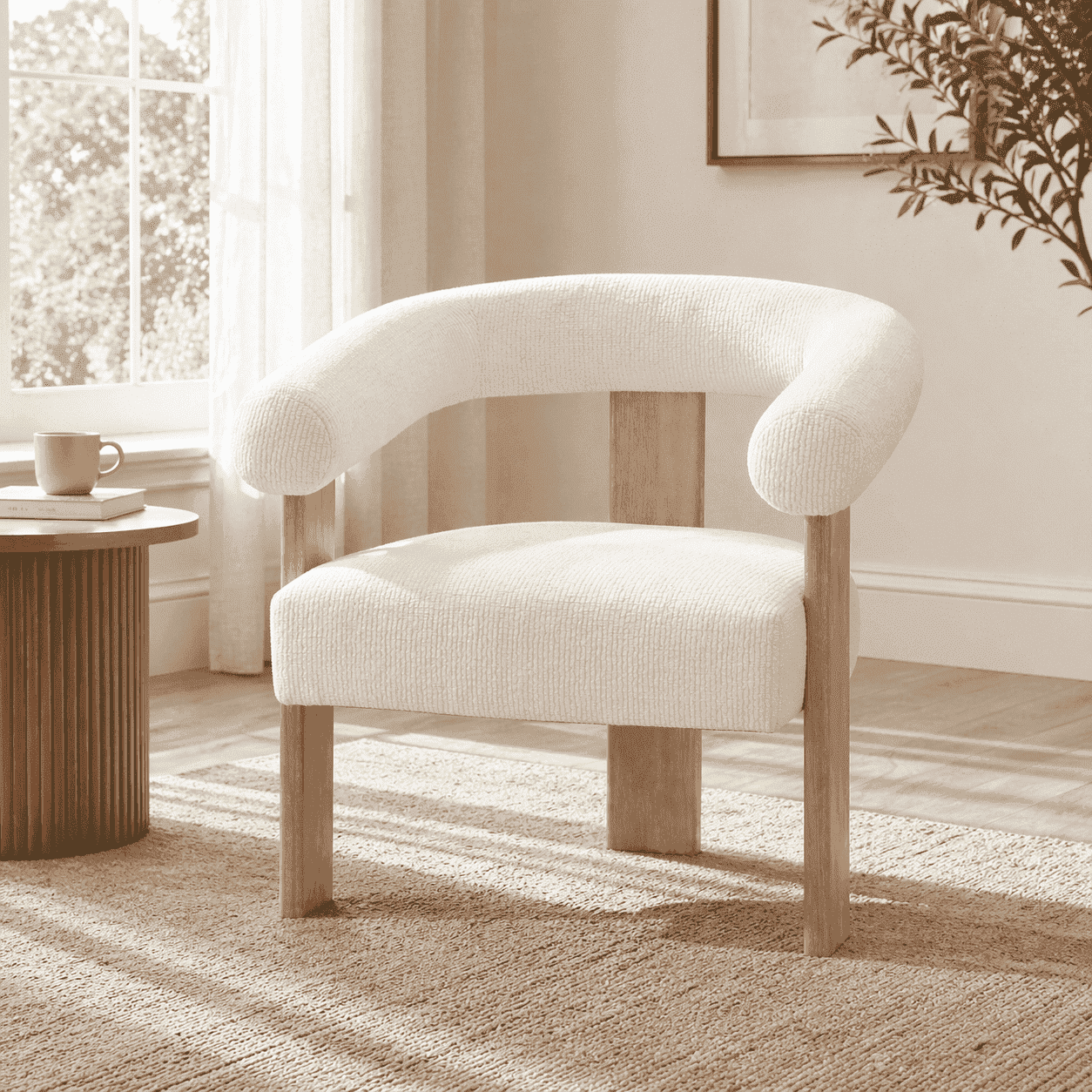 Usaint 25" Oversized Barrel Accent Chairs, Upholstered Chenille Chairs, Cozy Reading Chairs for Living Room, Bedroom & Apartment, Cream