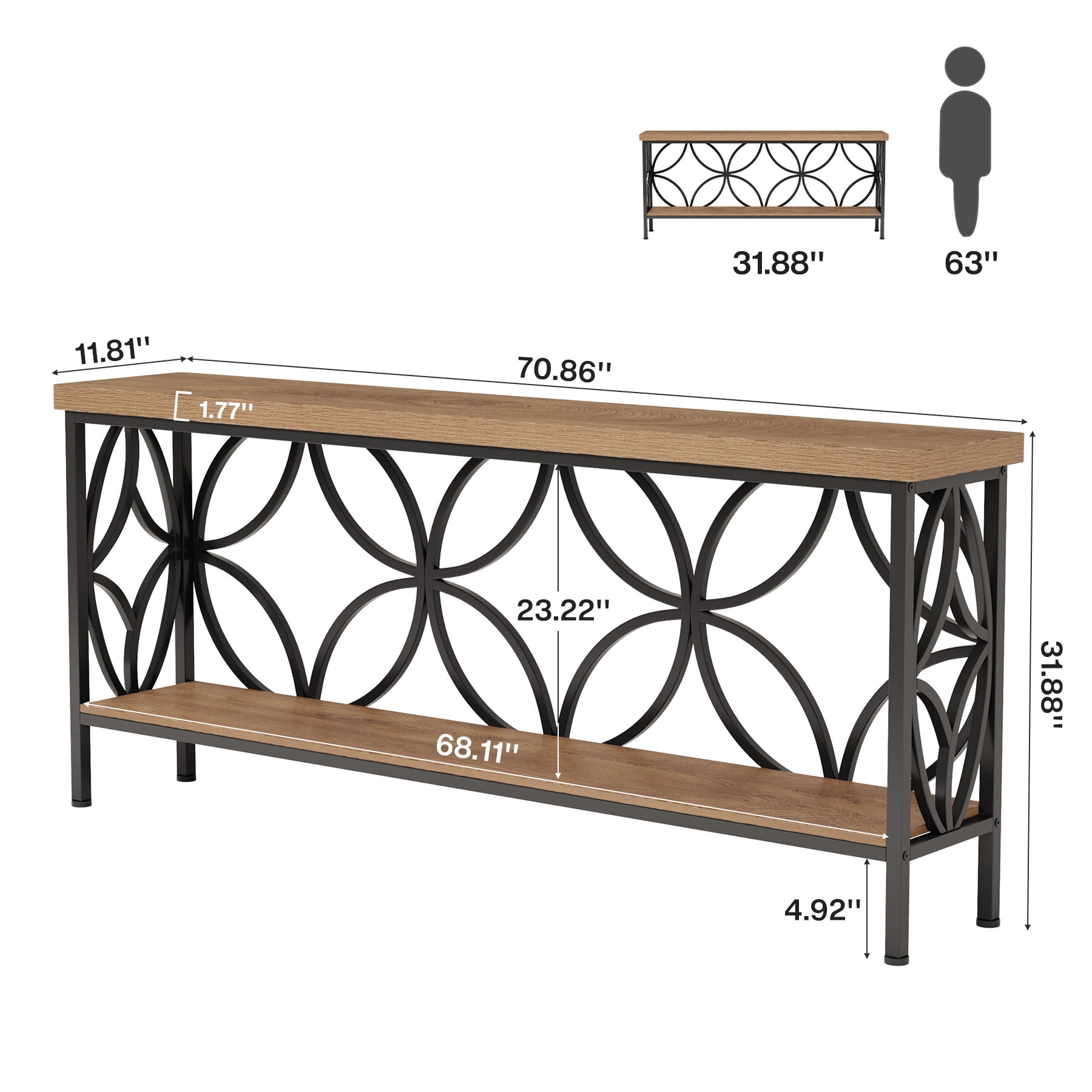 Fnova 70.9" Industrial Console Table, 2-Tier Wood Storage Narrow Sofa Table, Behind Couch with Metal Frame, for Living Room, Entryway, Foyer, Easy Assembly