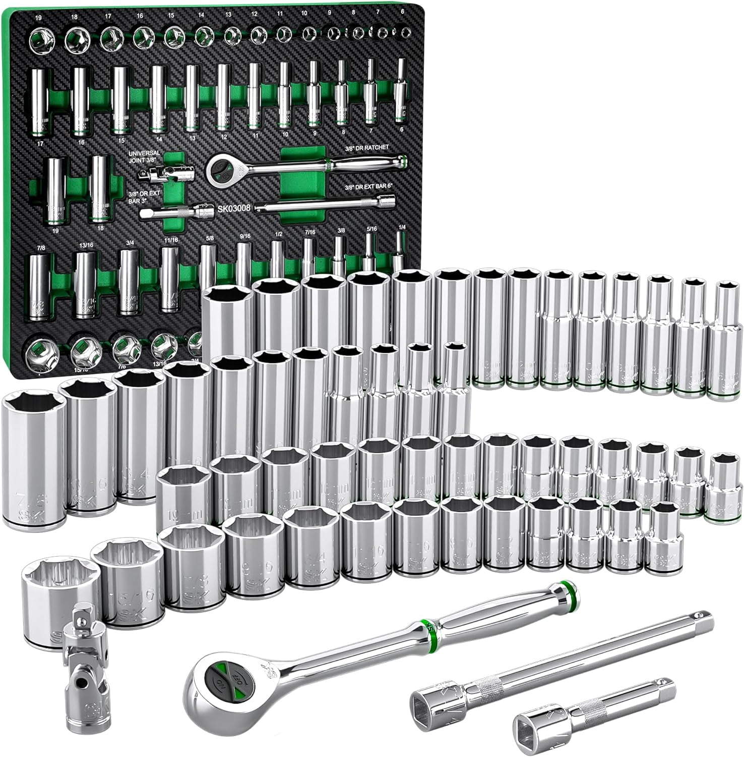 SK 3/8" Drive Socket Set with 160-P Ratchet, 31-Piece, Metric, SuperKrome Finish, Preminum CR-V Construction, with EVA Foam Tool Organizer