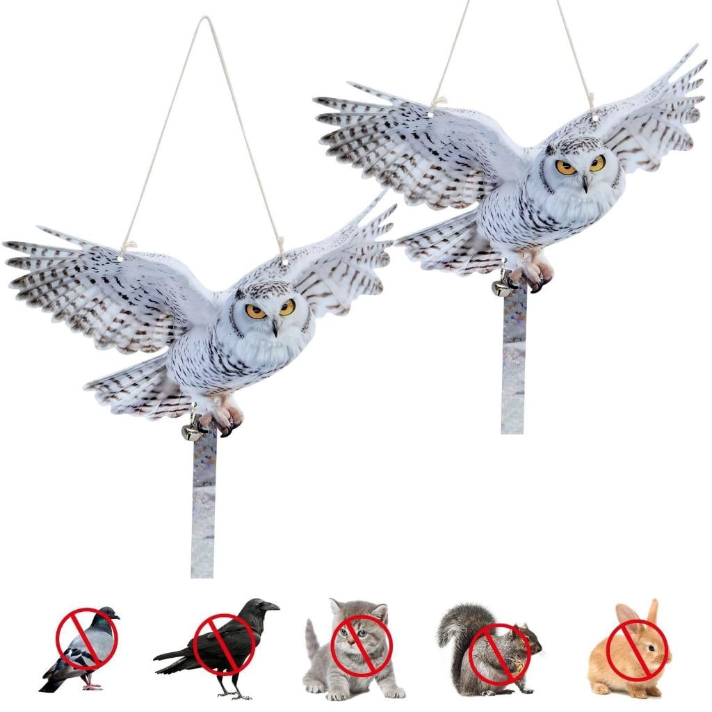 AOOOWER Double Sided Bird Scarer Device Owl Decorations with Reflective Strips and Bells to Scare Birds from Trees