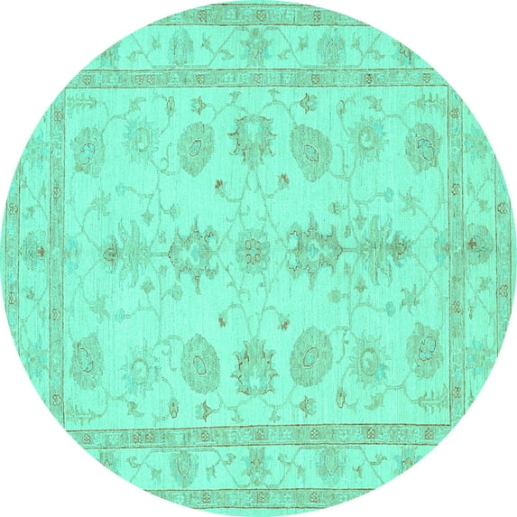 Ahgly Company Machine Washable Indoor Round Oriental Turquoise Blue Traditional Area Rugs, 6' Round