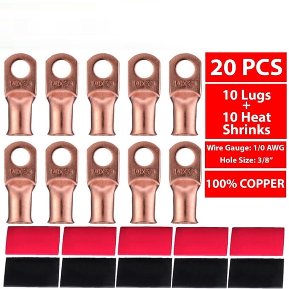 20-Pack 1/0 AWG Gauge Copper Ring Terminals with Red & Black Heat Shrink Tubes, 3/8" Stud Hole for 0 Gauge Battery Cable, Heavy Duty Electrical Wire Lugs