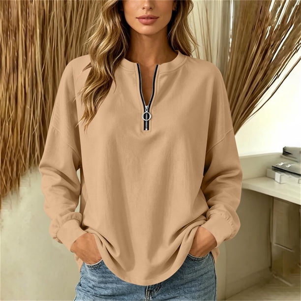 Neewe Women's Plain Long Sleeve Top Fall 1/4 Zipper Tops Loose Ladies Casual Fashionable Top Pullover
