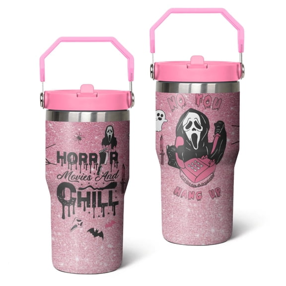 20oz Halloween Ghostface Stainless Steel Tumbler with Lid and Straw,Spill Proof Horror Spooky Travel Cup Double Wall Vacuum Insulated Coffee Mug with Top Handle Pink