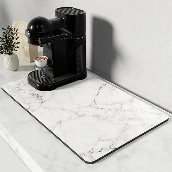 Coffee Mat, 12" x 19" Cute Marble Style Coffee Bar Mats for Espresso Machine Station Accessories and Organizer, Hide Stain Rubber Backed Absorbent Dish Drying Pad for Kitchen Counter,Gray White