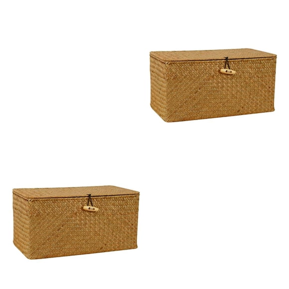 Billuyoard Cesta de almacenamiento con tapa, caja de almacenamiento de artículos diversos de ratán tejido, cesta de mimbre 2piezas Amarillo XS