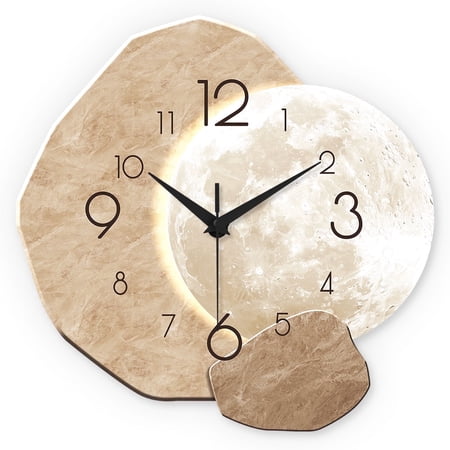 Modern Moon Wall Clock Battery Operated 12 Inch Unique Decorative Wall Clocks Silent Non-Ticking Wooden Wall Clock for Bathroom Bedroom Living Room
