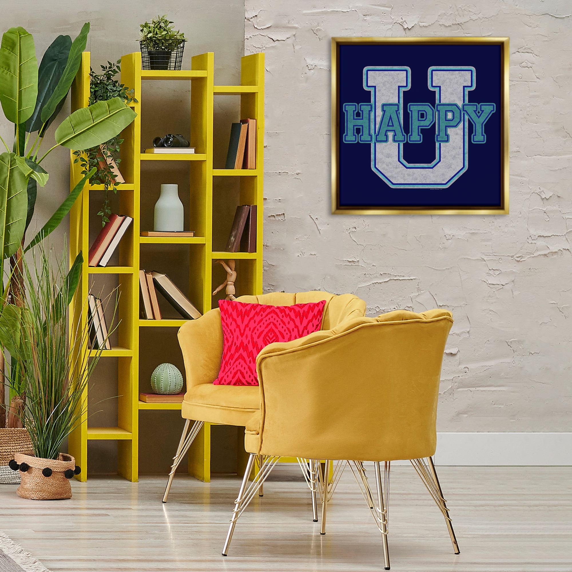 Stupell Industries Happy U Varsity Style Text & Numbers Painting Gold Floater Framed Canvas Art Print Wall Art, 25 x 25