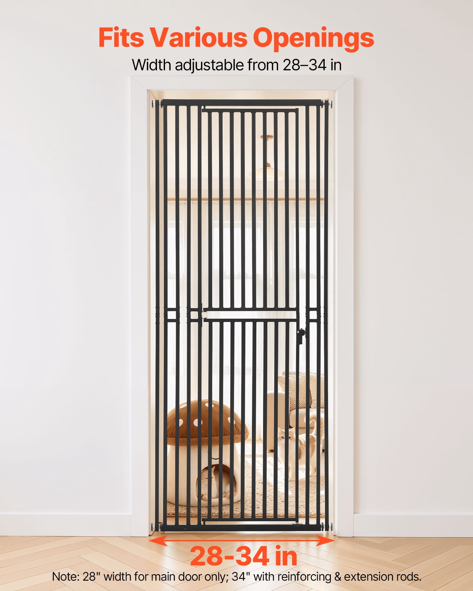 VEVOR Extra Tall Pet Gate for Cats, 28-34 in Adjustable Width, 78.7 in High Dog Gate, with Pressure Mount Kit and Wall Mount Kit, 1.2 in Narrow Bar Spacing, for Stairs, Doorways, and House, White