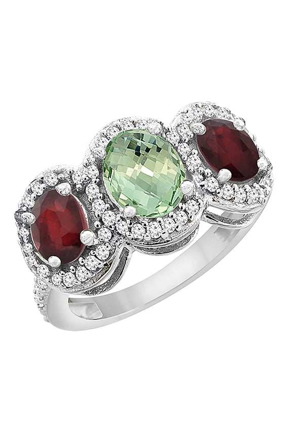 10K White Gold Natural Green Amethyst & Enhanced Ruby 3-Stone Ring Oval Diamond Accent, size 5.5